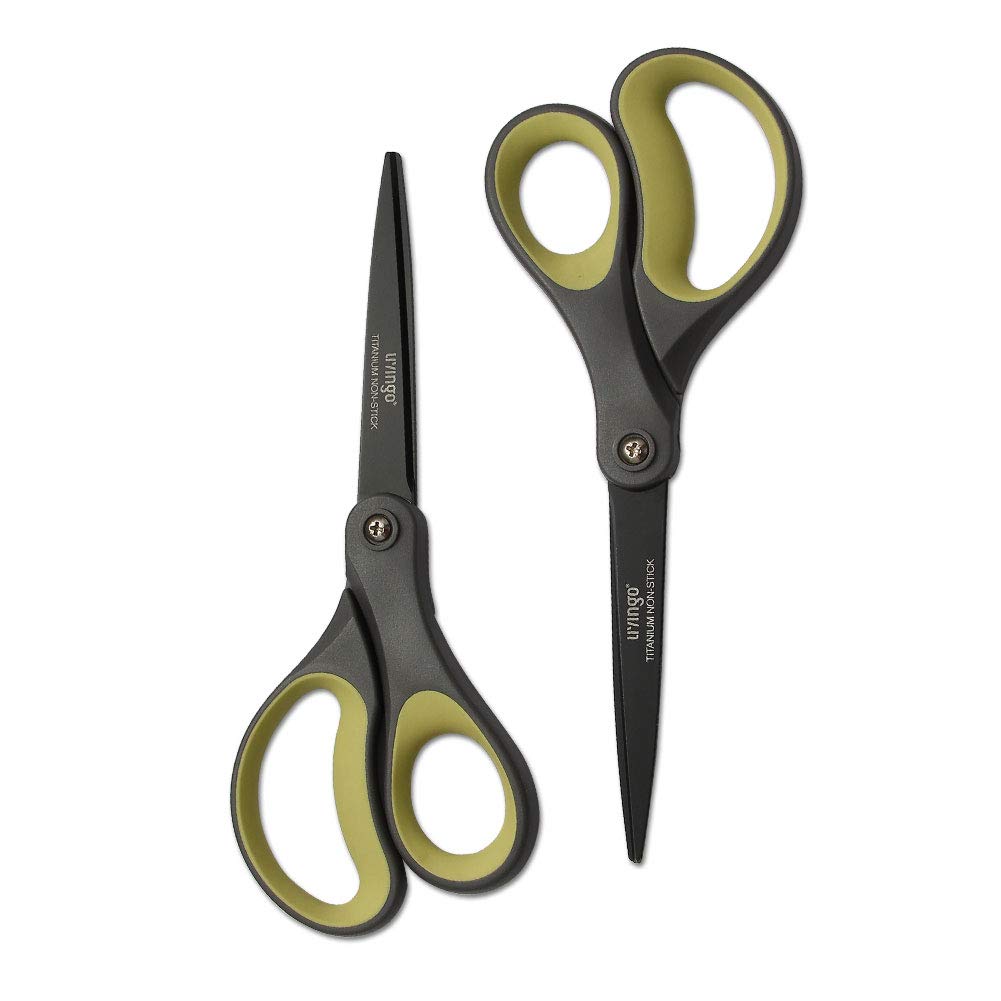 LIVINGO 2 Pack 8" Titanium Non-Stick Scissors, Professional Stainless Steel Comfort Grip, All-Purpose, Straight Office Stationery Craft Scissors Set for DIY(Green/Yellow)