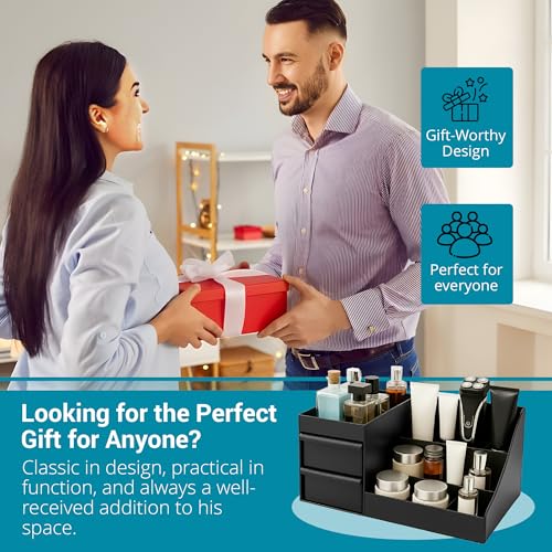 SEOSI Cologne Organizer for Men,Bathroom Organizers Shaving Tools Men,Perfume Organizer with Drawer,Dresser Organizer Countertop for Men's Bedroom Essentialsnd storage, bathroom decor (Black, Medium)