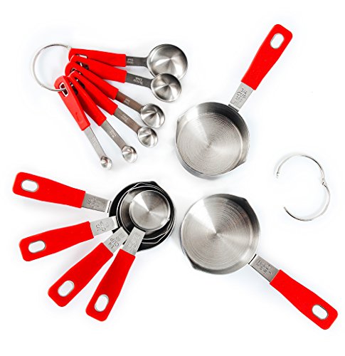 Rorence 18-8 Stainless Steel Measuring Cups and Spoons Set with Long Silicone Handle, Set of 12 - Red