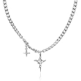 Watforsh Chunky Silver Star Pendant Necklace for Women Chain Necklace Y2k Style with Big Sparkle Cubic Zirconia and Small Star