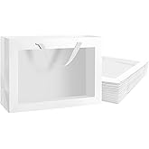 PACKQUEEN 12pcs White Valentine's Day Gift Bags with Transparent Window, 16x6x12 Inches Extra Large Gift Bags with Handles for Wedding Graduation Mother's Day Festivals Party Present (Glossy White)