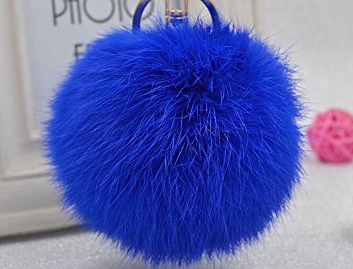 Cy3Lf Gold Plated Keychain Cute Genuine Rabbit Fur Ball Pom Pom Keychain for Car Key Ring Handbag Tote Bag Pendant Charm (Blue)
