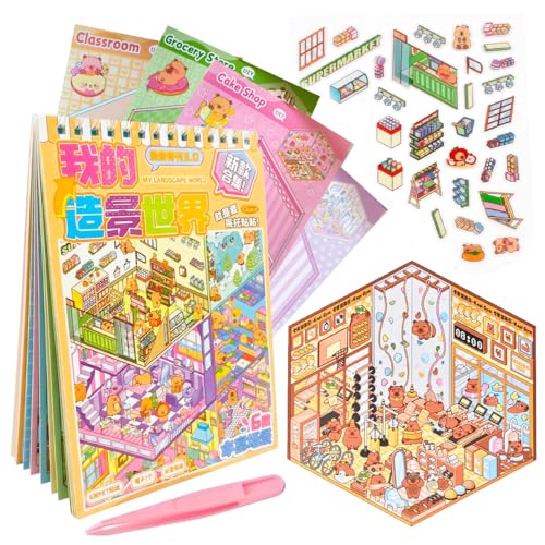 Caderno De Adesivo 3D Capivara Divertida com 6 Cenários DIY e Pinça Para Montar e Decorar 13x18cm Livro Espiral Interativo Para Adulto Criança Brincar Presente infantil Criativo Sticker Book (AMARELO)