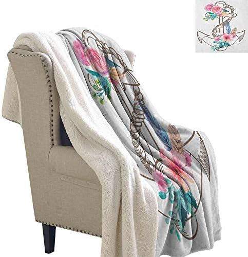 Willsd Anchor Sherpa Fleece Blanket Watercolor Spring Blossoms and Feathers on a Doodle Style Anchor Washable Shaggy Fleece Blanket Brown Pale Pink Turquoise W59 x L78
