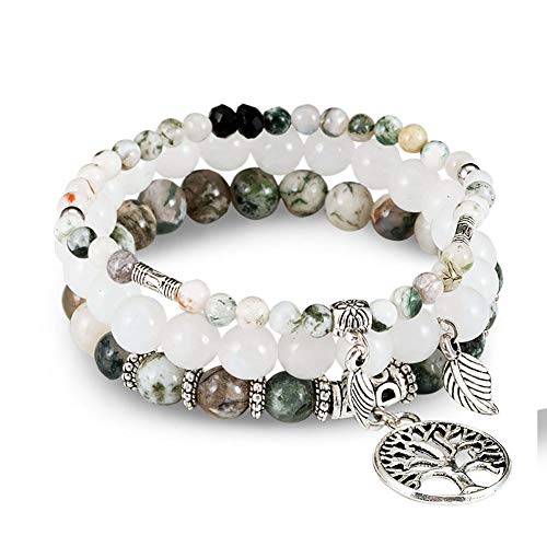 FANCY SHINY Gemstone Bead Bracelets Tree of Life Charms Yoga Healing Stone Bracelet Set for Women(Auatic Agate) - Thumbnail 7