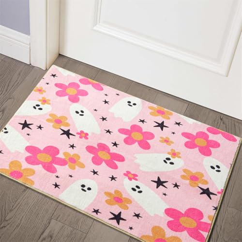 Photo 1 of Cute Aesthetic Halloween Bathroom Rugs Non Slip, Boho Pink Floral Ghost 2x3 Halloween Throw Area Rugs for Kitchen Entryway Doormat Washable, Soft Funky Modern Y2K Halloween Spooky Small Bedroom Rugs