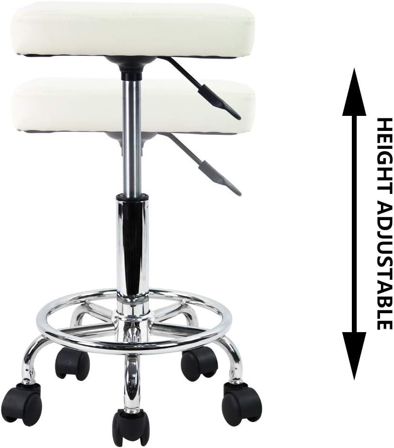 KKTONER Square Rolling Stool with Foot Rest PU Leather Height Adjustable Medical Spa Drafting Salon Tattoo Work Swivel Stools Task Chair Small (White): Kitchen & Dining