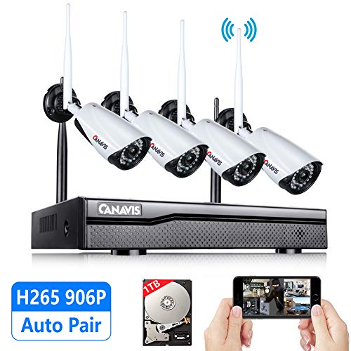 Security Camera System Wireless with Hard Drive 4CH 960P NVR Kit with 4pcs Surveillance Bullet IP Camera 1.3MP Indoor Outdoor Wireless Live Video Recorder P2P IR Night Vision Waterproof Plug and Play
