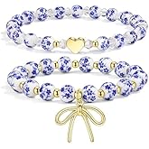 2pcs Bowknot Charm Beads Bracelet for Women Gold Heart Beaded Bracelets Multilayer Flower Bead Bracelet Stackable Handmade Stretch Bracelets Jewelry Gift