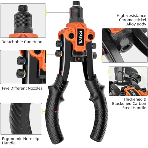 FOREVTL 26cm Rivet Pliers with Reinforced Lever - Professional 5in1 Manual Riveter for Blind Rivets Diameter 2.4 - 6.4 mm - Includes 200 Rivets & 5 Bits - Heavy Duty Metal Repair Tool