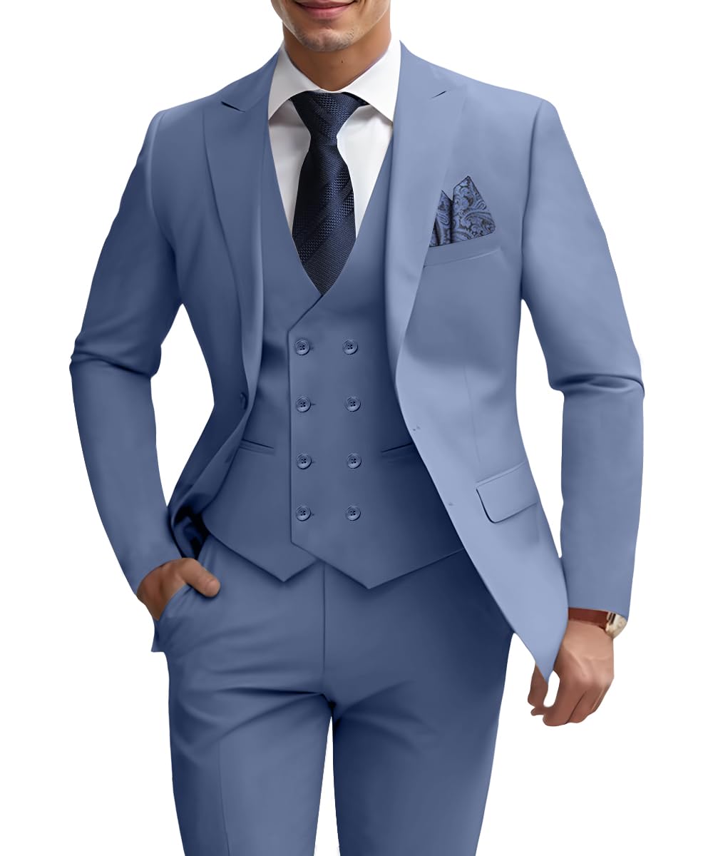 WOMS Men's 3 Piece Slim Fit Suit, Denim Blue