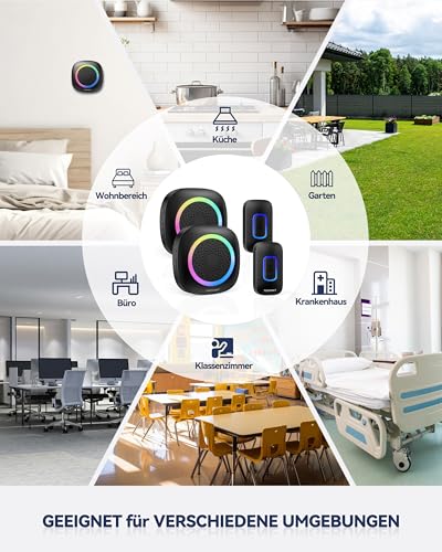 TECKNET Wireless Doorbell with Batteries, RGB Wireless Doorbell Outdoor Waterproof IP66 with 2 Receivers, 400M Range, 5 Volume Levels and 60 Melodies for Home, Hotel, Office, Emergency