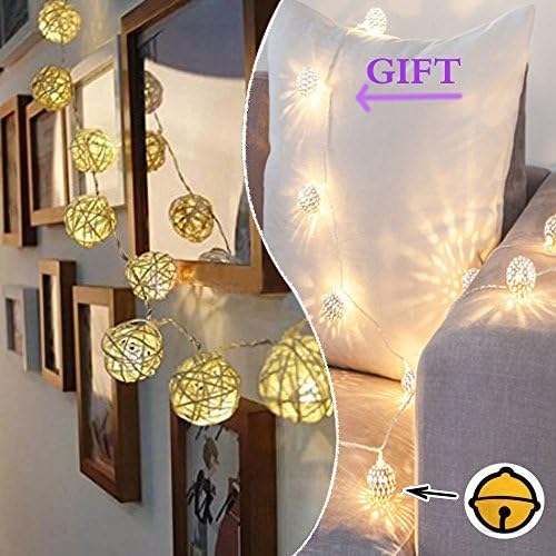 Battery Operated Cream White Color Rattan 2m Led Patio Fairy String Lights Christmas, Wedding and Party Decoration - A Gift of 10 Orb Balls with Bells LED Jingle Bells Fairy Lights
