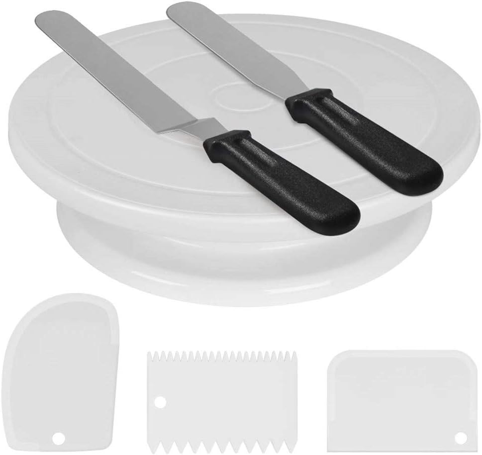 Amyline 11 Inch Rotating Cake Turntable with 2 Icing Spatula and Icing Smoother, Revolving Cake Stand White Banking Cake Decorating Supplies