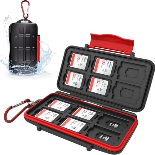 Kiorafoto Soporte Profesional Impermeable y a Prueba de Golpes almacena la Cubierta Protectora de la Tarjeta de Memoria SD sdhc sdxc TF, con Gancho y Anillo de 12 Tarjetas SD y 12 Tarjetas SD Micro