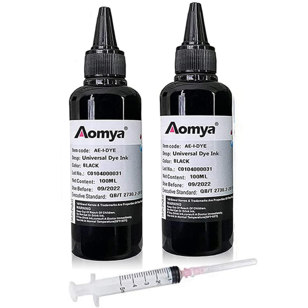 Aomya 2 Bottles Black Dye Ink Universal Printer Ink Cartridges Refill Ink Replacement for HP Canon Lexmark Brother Ricoh Refillable Ink Cartridges and CISS 100mlx2, with 1 Free Syringe