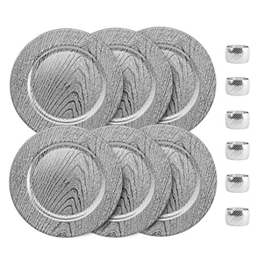 Home Collectives 13 Inch Round Elegant Serve ware Charger Plates with Matching Napkin Rings, Wedding, Dinner party, Event - Choose from our Variety of Styles and Quanties (6, Moslem Silver)