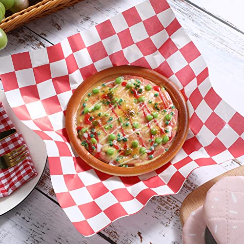 100 Sheets Red & White Checkered Food Wrapping Paper - 12x12 Inch Grease Resistant Sandwich Wrap For Picnics & Parties