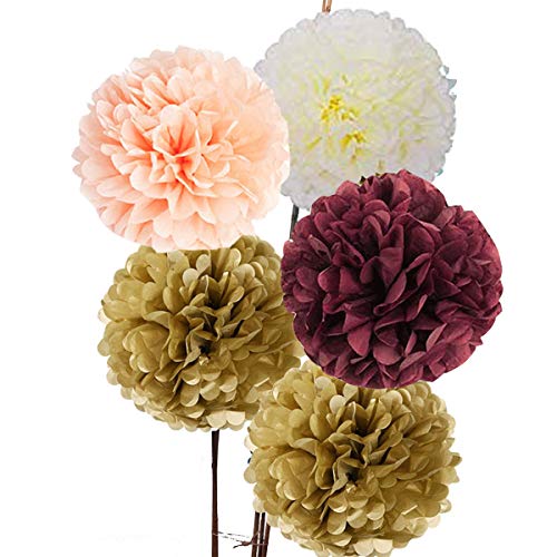 Monkey Home 20 Pcs Tissue Paper Pom Poms Kit (14", 10", 8", 6" Paper Flowers) for Birthday,Wedding,Baby Shower,Bachelorette, Nursery Decor (Burgundy, Peach, Ivory, Gold)