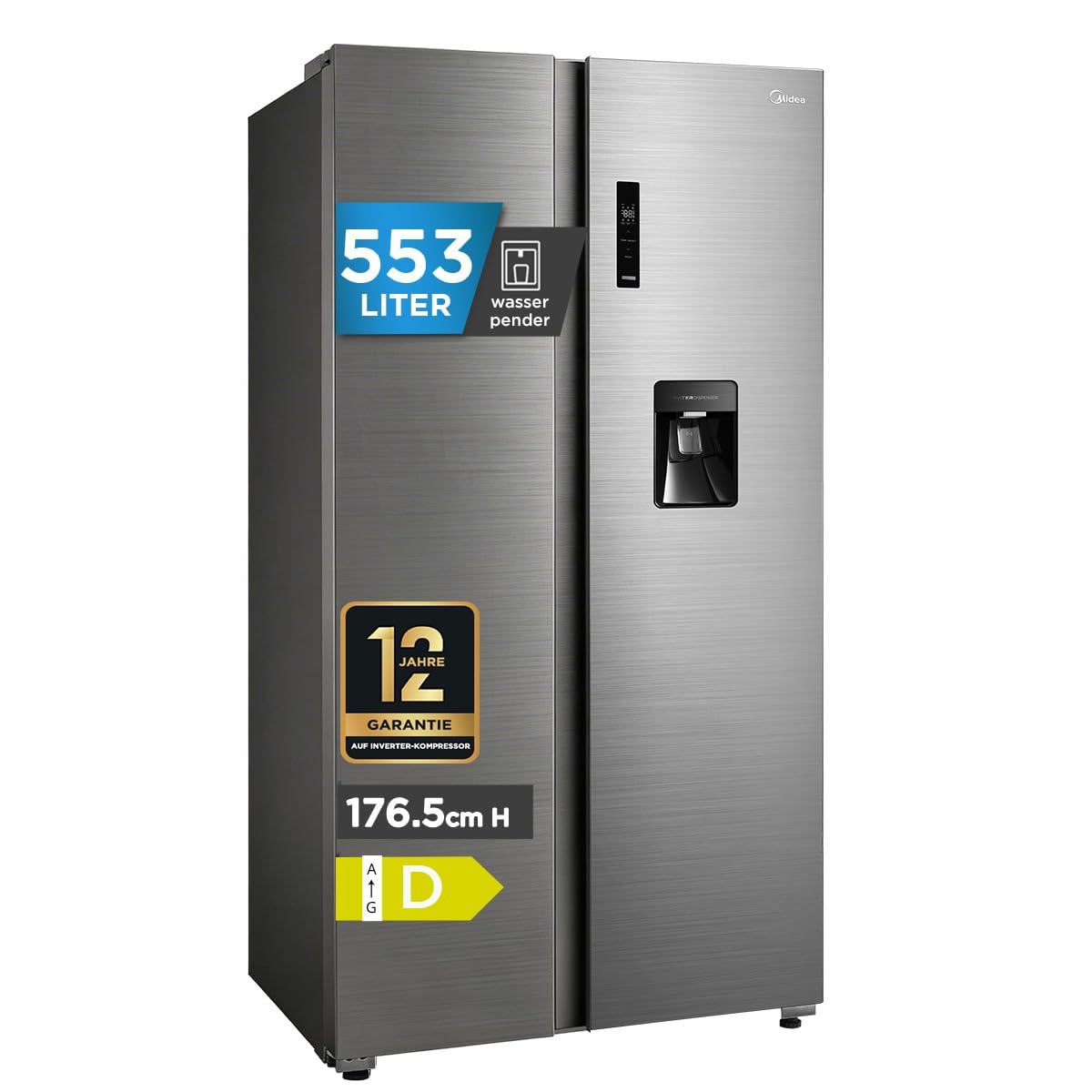 Midea Side-by-Side Kühlschrank 553L, mit Wasserspender ohne Festanschluss, Inverter Kompressor, No Frost, 360° Multi Air Flow, SuperCool & SuperFreeze, 37 dB leise, Steel Gray MDRS710FGD46W