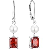 FJ Pearl Drop Earrings 925 Sterling Silver Emerald Cut Dangle Leverback Earrings Birthstone Jewelry Gifts for Women