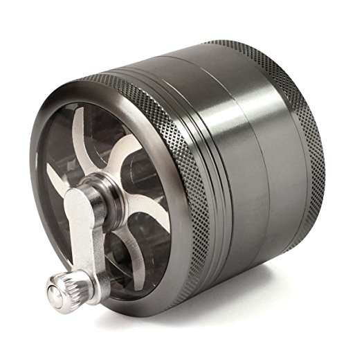 MasterGrind Mill 4 Piece Herb Grinder - Crank Handle Pollen Catcher - Large 2.5 Inch Gunmetal Aluminum