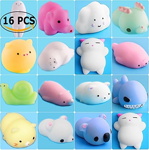 ToopAir 16 Pcs Kawaii Mini Squishy, Prime Animals Mochi Squishies, Stress Reliever Squeeze Toys, Cute Seal, Elephant, Cat, Pig, Bear, Sheep, Shark, Perfect Gift for Kids and Adults