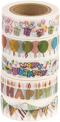 Washi Tape (Japanese Masking Tape) by MIKOKA, 0.6 Inches Wide, 32.8 Feet Long, Set of 5 - Happy Birthday-2