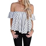 Sunward(TM) Women Off Shoulder Stripe Casual Blouse (Large, White)