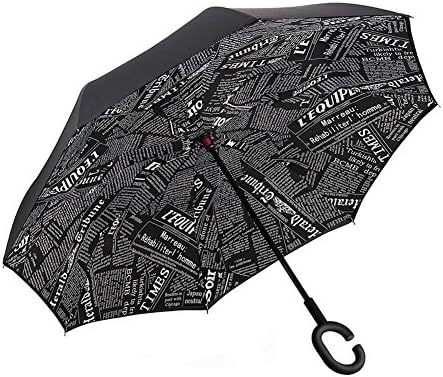 Inverted Umbrella, Large C Shape Handle Windproof UV Protection Reverse Umbrella Mingshop (Black Newspaper)