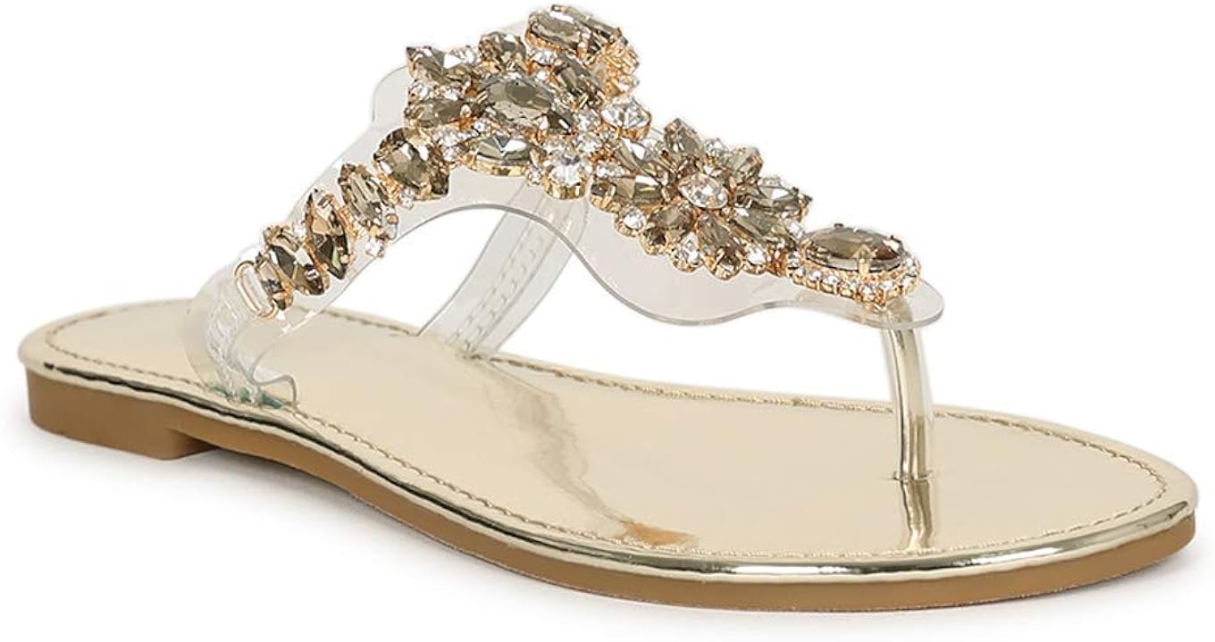 Amazon.com | LOSUMIGE Jeweled Clear Strap Flat Thong Sandal 19912 Gold Metallic | Sandals