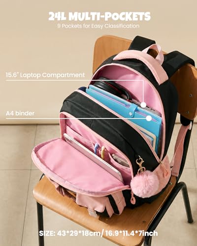Amythe 3 Piece Primary Girl's Backpack School Bag Set with Lunch Bags and Pencil Case, School Bag for Girls 8-15 Years, Black