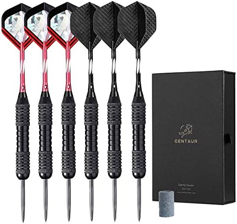 CENTAUR 6 Pack Steel Tip Darts, Professional Metal Dart Tips Set with Aluminum Shafts and 2 Style Flights + Dart Sharpener + Dart Case