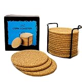 Natural Cork Coasters for Drinks - 16pc Set with Metal Holder Storage Caddy - Absorbent Round Edge 4" Absorbent, Cups & Mugs, Eco-Friendly, Heat-Resistant, Reusable Saucers for Cold Drinks, Wine Glass