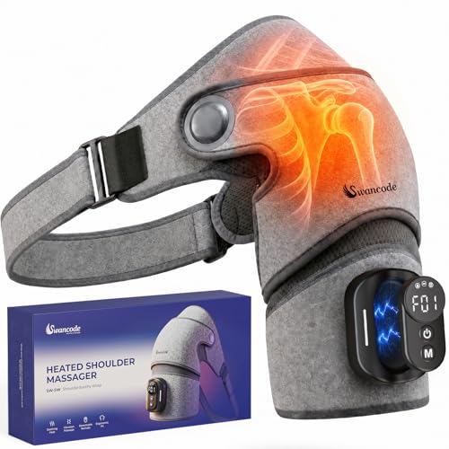 Swancode Triple Method Shoulder Massager with Heat, Vibration and Brace Support, 5000mAh Cordless Shoulder Heating Pad with Magnetic Controller, Shoulder Wrap for Muscle Relief