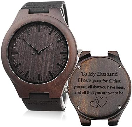 Customized Engraved Wooden Watch Leather Strap Analog Quartz Lightweight Wood Watch Husband Gifts Anniversary Gifts for Men Fathers Day Gifts for Son