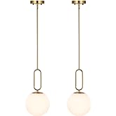 BAODEN Modern Gold Globe Pendant Light White Globe Glass Shade 2 Pack Brushed Brass Finished Adjustable Rods Hanging Light Fi
