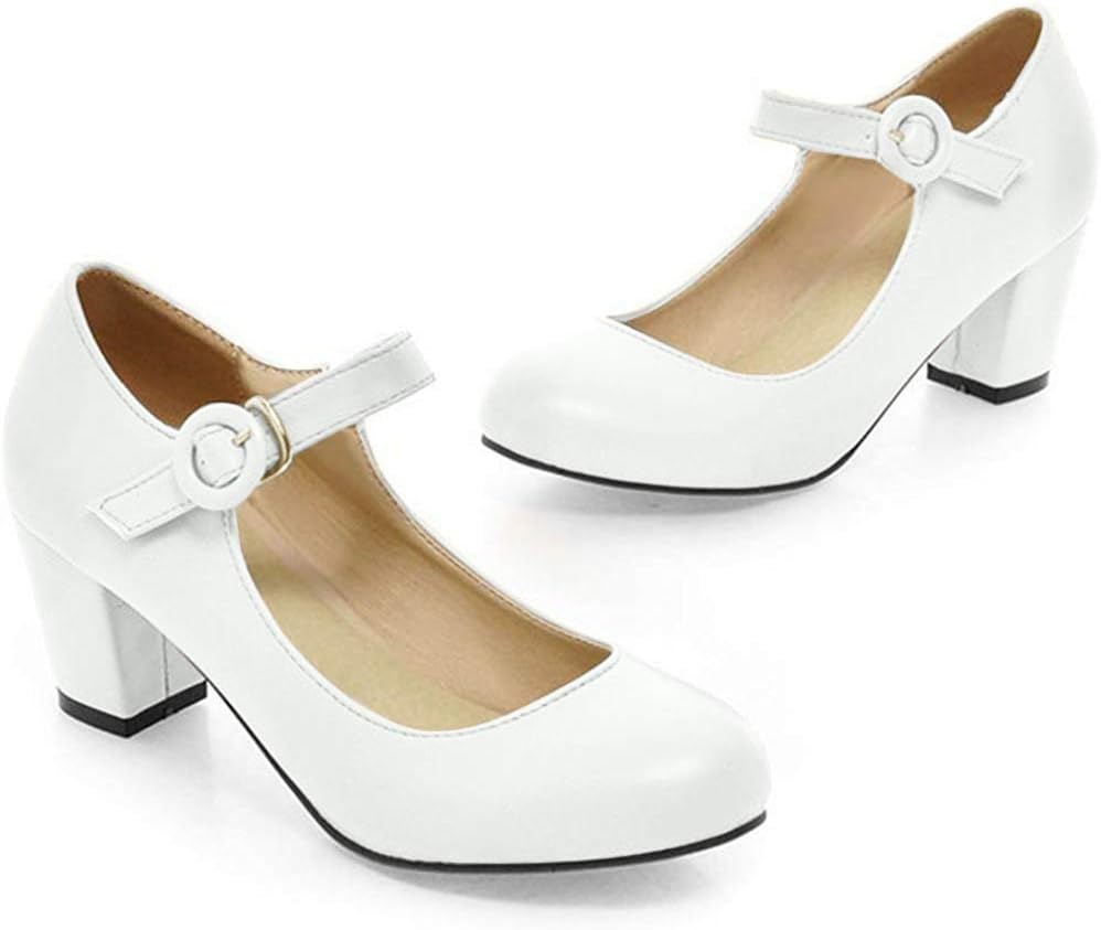 CHFSO Women's Round Toe Ankle Strap Buckle Chunky Heel Low Cut Pumps Shoes