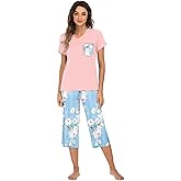iChunhua Comfy Lounge Sets for Women Short Sleeve V-Neck Tops and Floral Print Wide Leg Pants Loose Capri Pajama Set