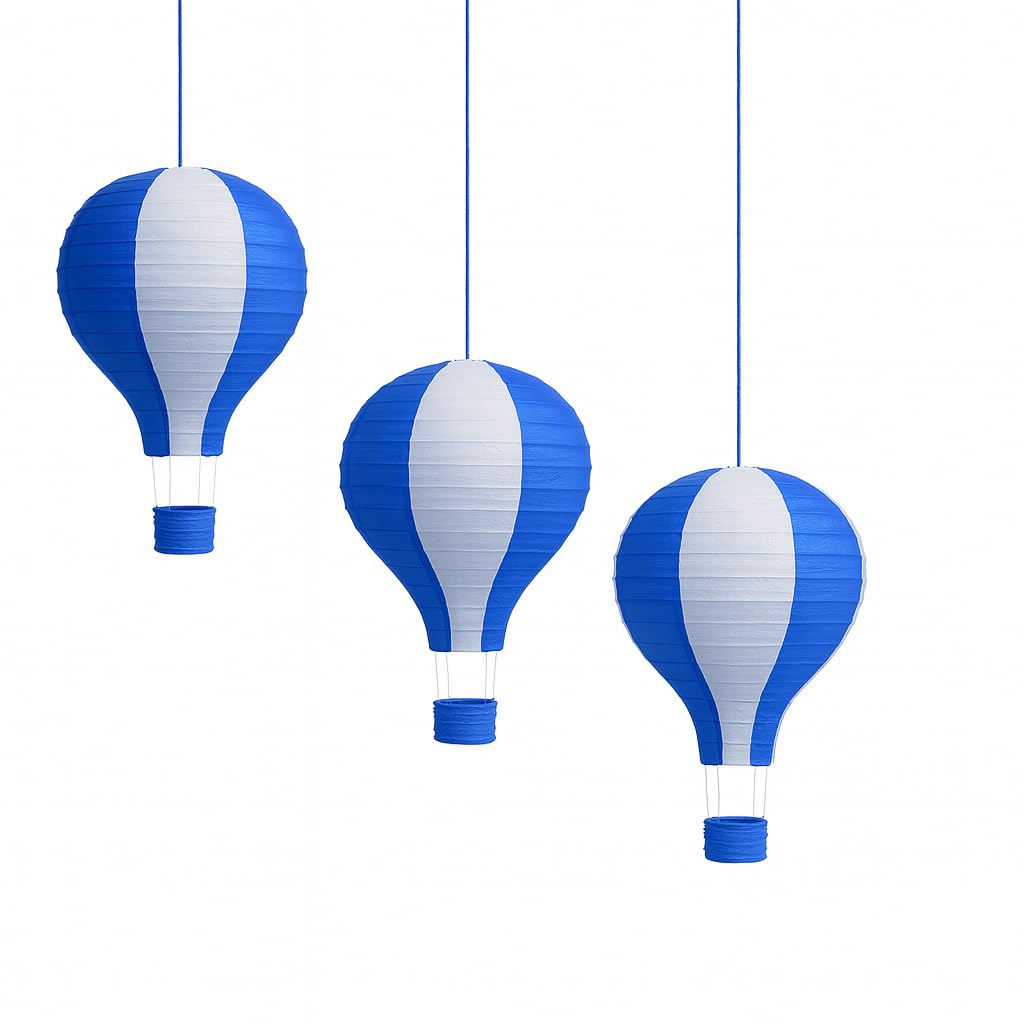 3 pcs Hot Air Balloon Decorations 10" (25cm) Hot Air Balloon Decor Hanging Party Lanterns Paper Nursery Lampshade Baby Class Room School Home Decorations (Blue)