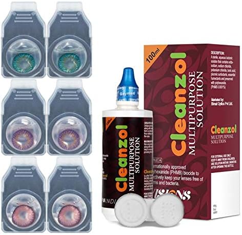 CleanZol 3 Pair Monthly Disposable Zero Power Color Contact Lenses With CleanZol 100 ml Multipurpose Solution & Lens Case (3Pair Purehazel -Turquoise -Voilet)