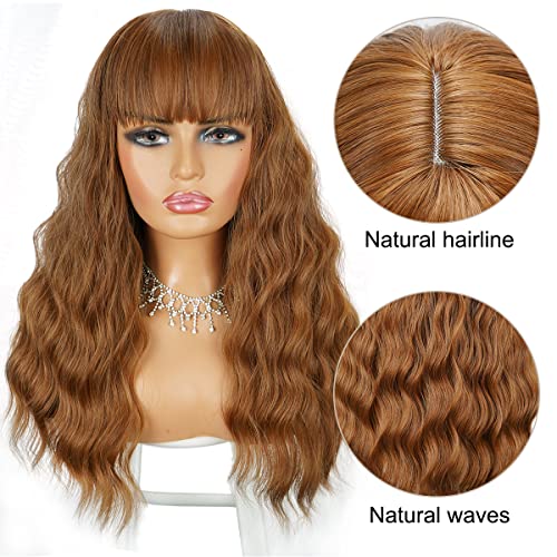 Brown Wigs, Long Brown Wig with Bangs, Long Curly Wavy Hair Wigs for Women, Heat Resistant Fiber Synthetic Daily Party Cosplay Wigs for Girl