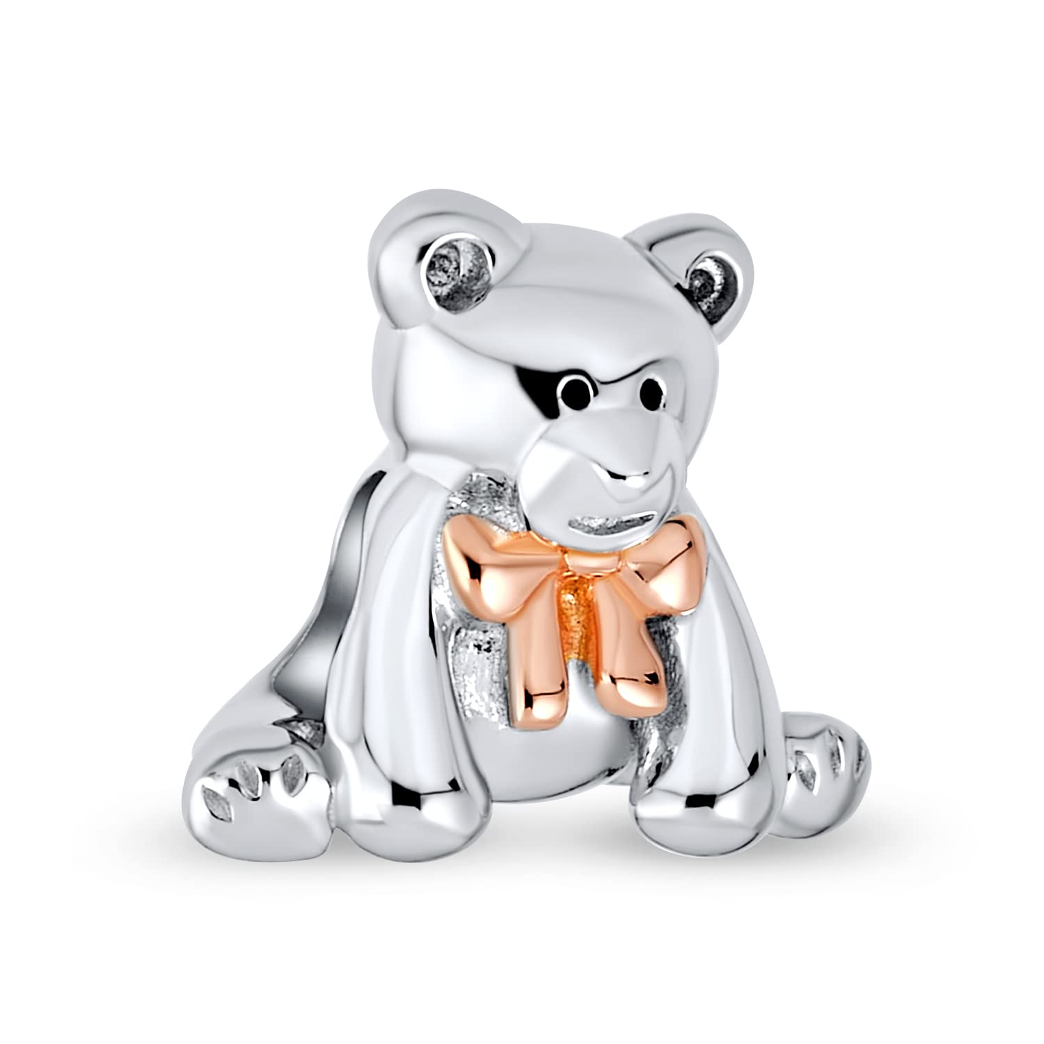 Bling Jewelry Cute Stuffed Animal Teddy Bear Pink Bow Charm Bead For Women Tween Daughter Two Tone Rose Gold Plated .925 Sterling Fits European Bracelet