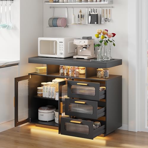 Coffee Bar Cabinet with Storage, Buffet Sideboard with RGB Light, Modern Coffee Bar Table with Charging Station (Black-93007)