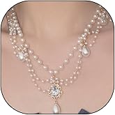 Chunky Layered Pearl Collarbone Necklace for Women,Vintage Teardrop Pearl Sparkling Crystal Pendant Necklace,Bridal Wedding Ball Accessories Jewelry