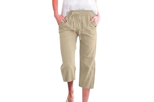 ZCJBWWHF Cotton Linen Pants for Women Summer Elastic Waist Solid Capris Pants Straight Wide Leg Cropped Trousers