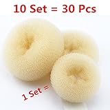 30pcs/10Set Beige Color (10 Large+10 Medium+10 Small) Beauty Women Girl Lady Ballet Dance Magic Foam Sponge Doughnut Donut Ring Bun Former Maker Shaper Styler Hairdressing Updo Hair Styling DIY Tool