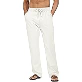 DOWMQ Mens Linen Pants Casual Elastic Waist Drawstring Pants Loose Straight Linen Pant Beach Trousers with 4 Pockets