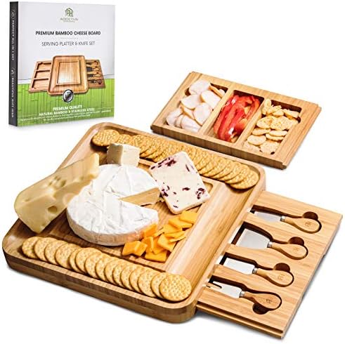 Addictive Homewares | Cheese Board with Slide-Out Drawers and Cutlery Knife Set | 4 Stainless Steel Knives & 2 Removable Trays | Large Bamboo Charcuterie Serving Platter for Crackers, Meat, Cheeses
