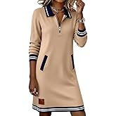 Womens Casual Half Zip Color Block Polo Lapel Sweatshirt Dress Loose Long Sleeve Tunic Aline Midi Dresses with Pockets